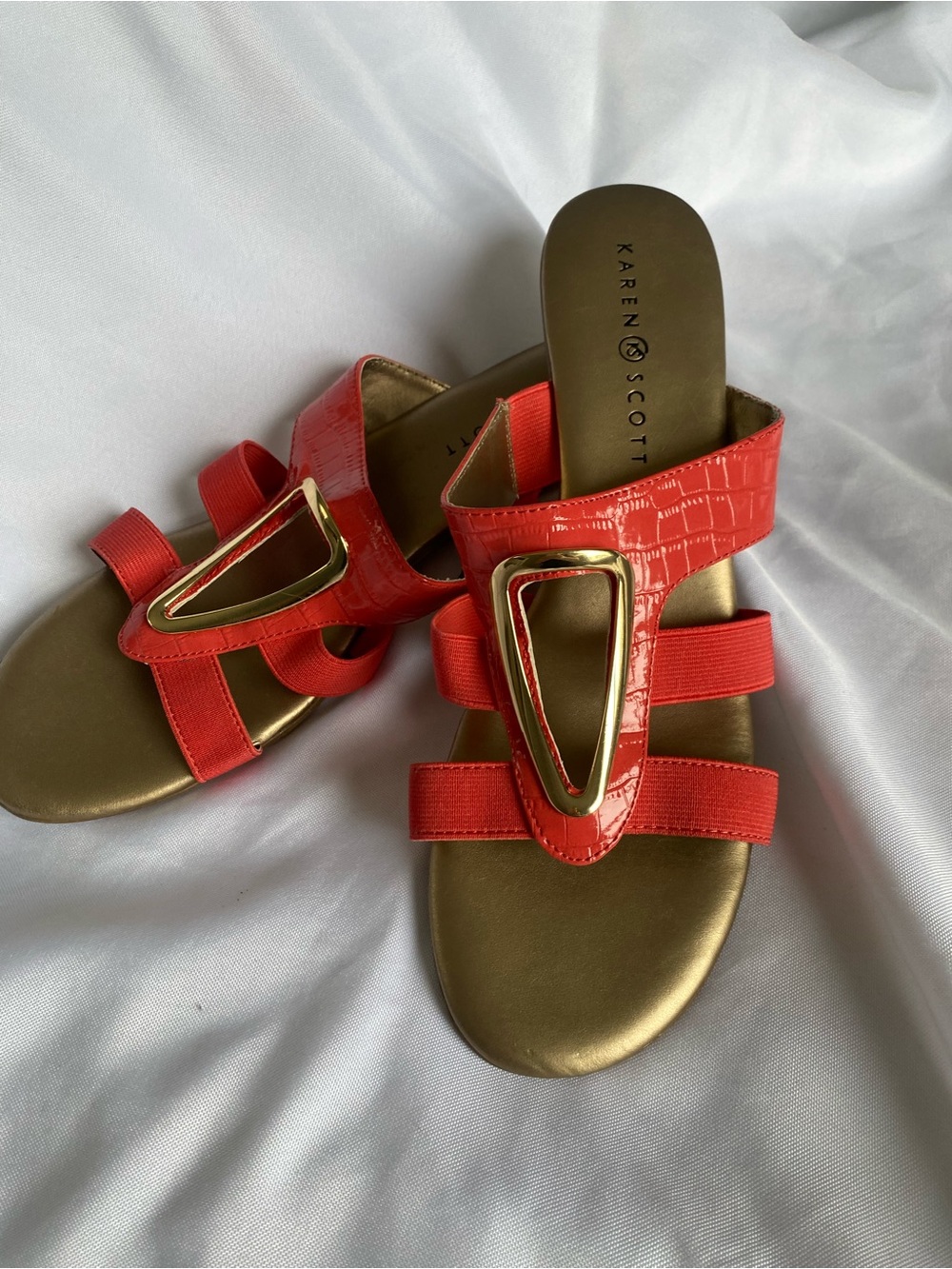 Karen Scott Coral-Red Slide Sandals with Gold Trim
